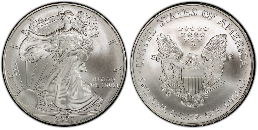 2007 American Silver Eagle dollar obverse showing Walking Liberty and reverse showing Heraldic Eagle
