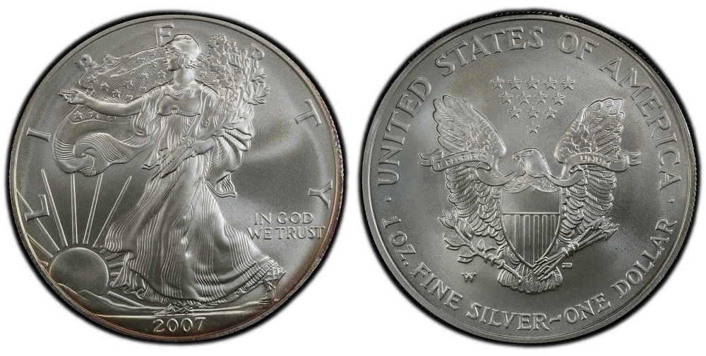 Side-by-side comparison of 2007 bullion Silver Eagle (no W mint mark) versus 2007-W Burnished Silver Eagle showing the W mint mark and different surface finish