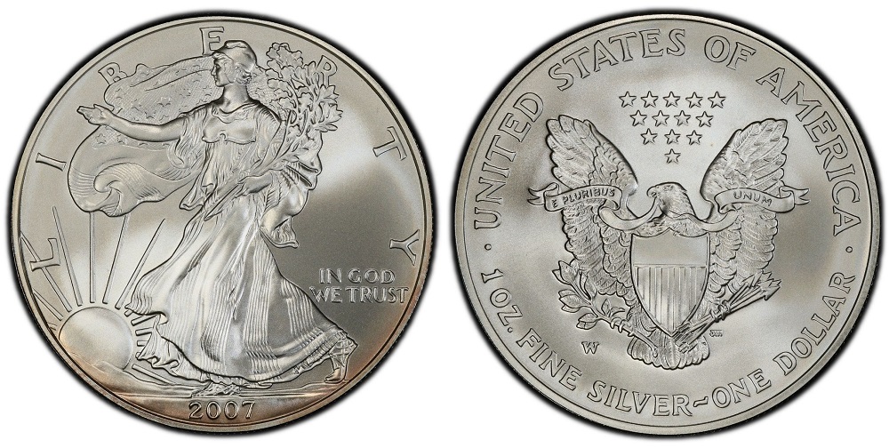 Close-up of 2007-W Burnished Silver Eagle reverse showing the W mint mark near the eagle's tail feathers and satin finish