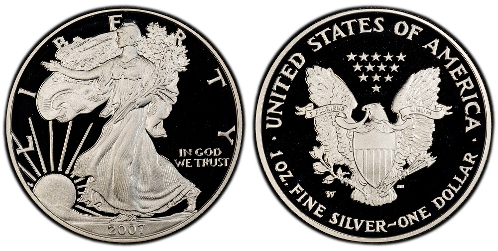 2007-W Proof Silver Eagle showing deep cameo contrast with frosted Walking Liberty devices against mirror-like fields