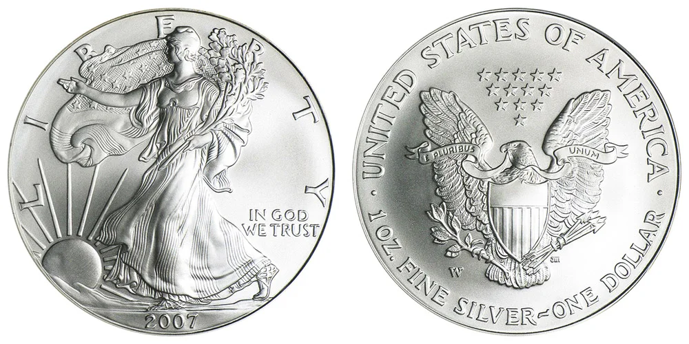 2007 American Silver Eagle bullion strike with no mint mark, showing bright uncirculated luster on the Walking Liberty obverse
