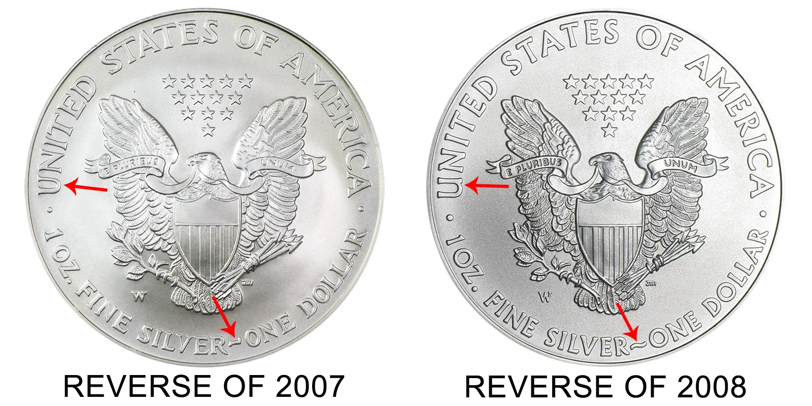 Close-up comparison showing the serif detail on the letter U in UNITED on a 2008-W Silver Eagle reverse die versus the missing serif on the 2008-W Reverse of 2007 error coin